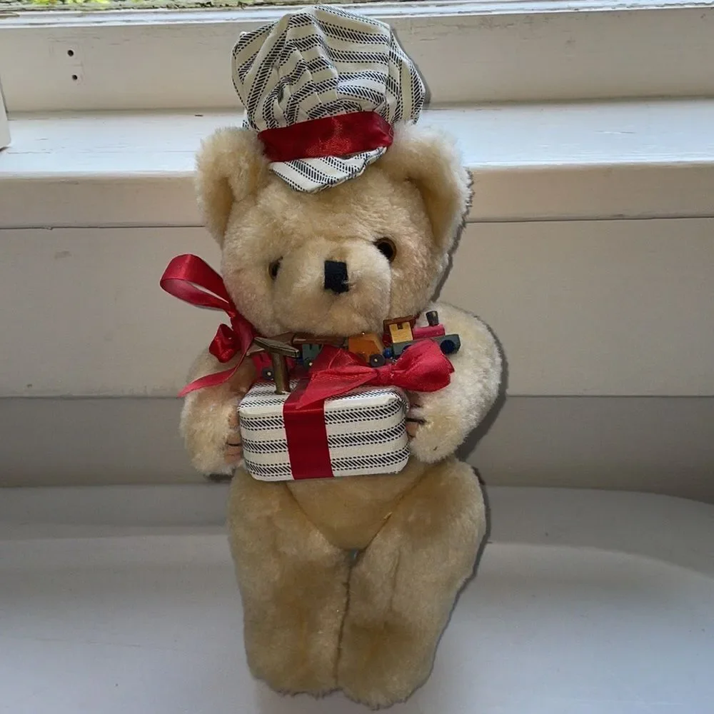 Vintage tan railroad engineer Teddy Bear with wooden train & music box‎